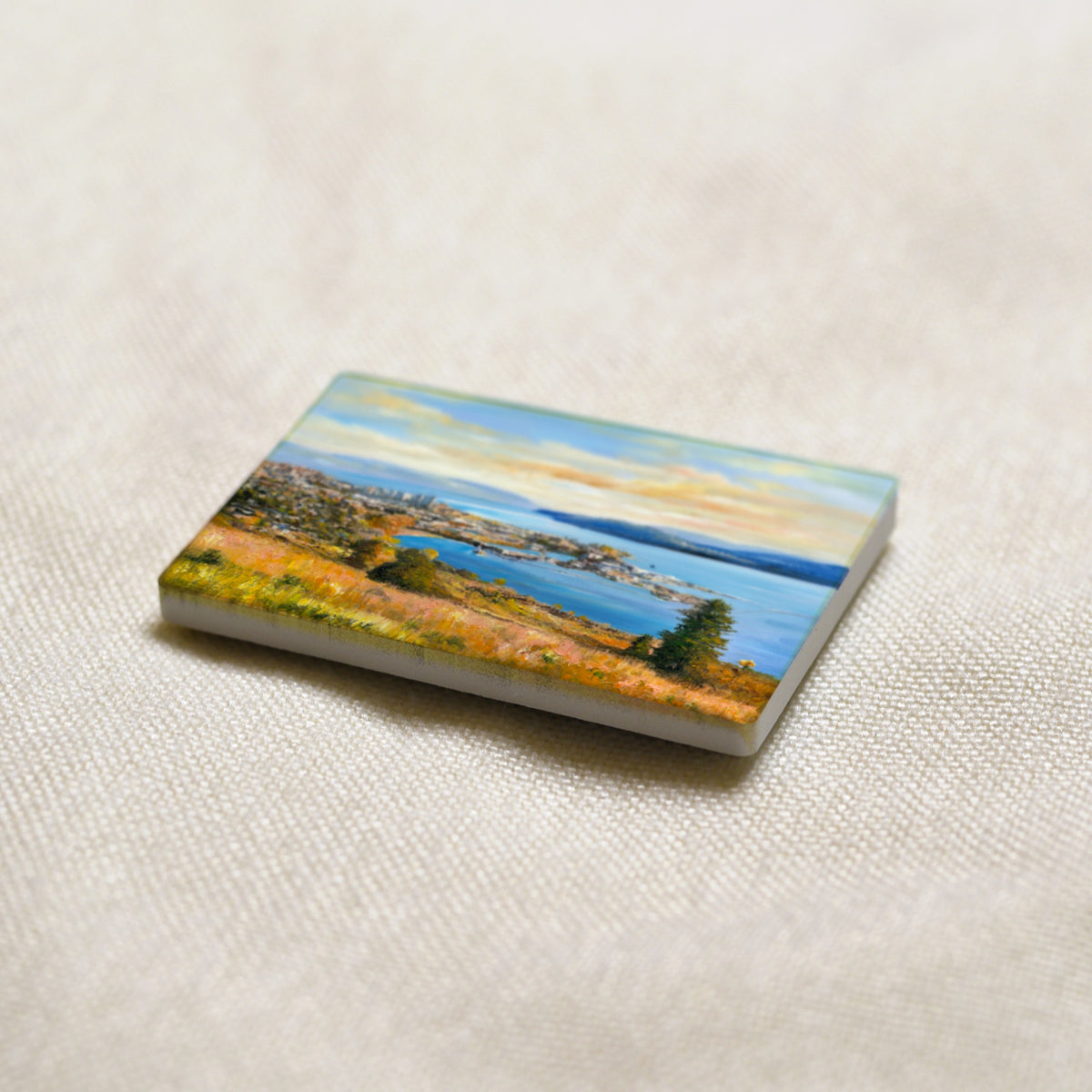 Okanagan Lake at Knox Mountain art magnet at an angle, showing the stone edge