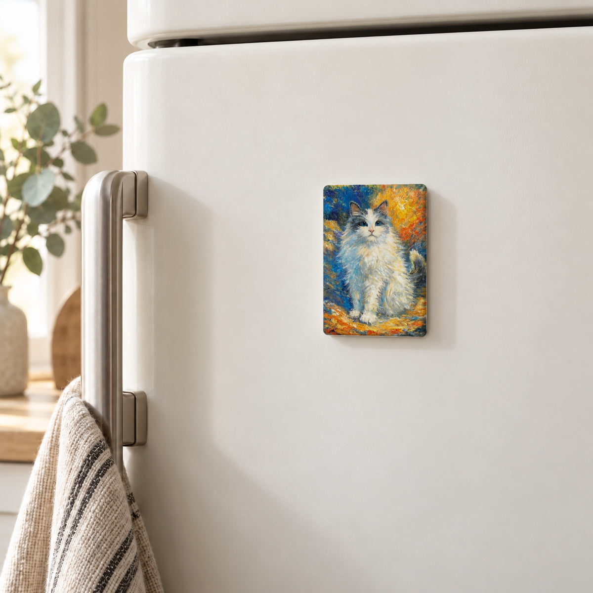 Bunbun art magnet on a white fridge door