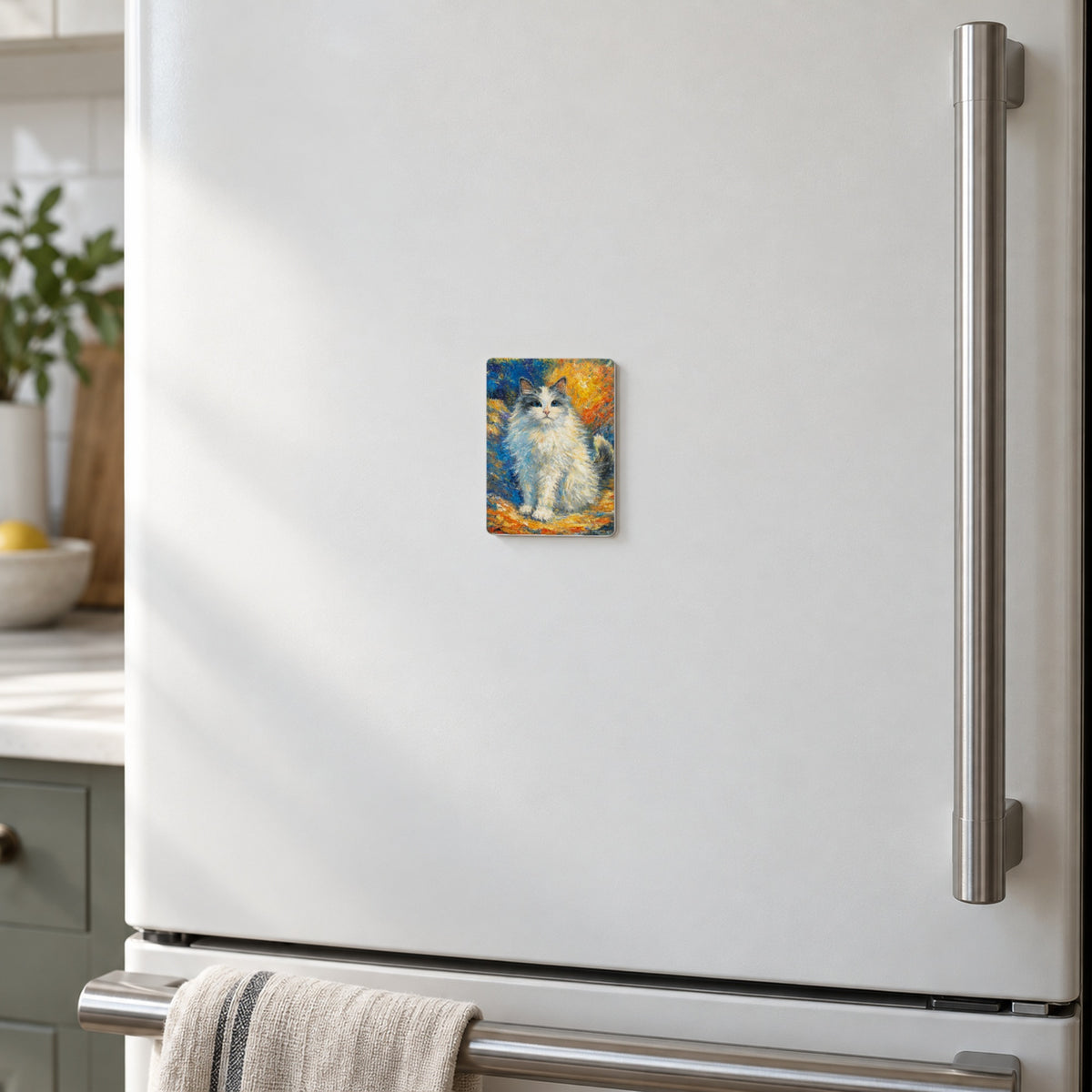 Bunbun art magnet on a warm white fridge door