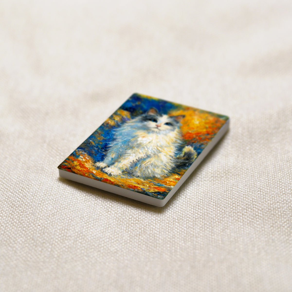 Bunbun art magnet at an angle, showing the stone edge
