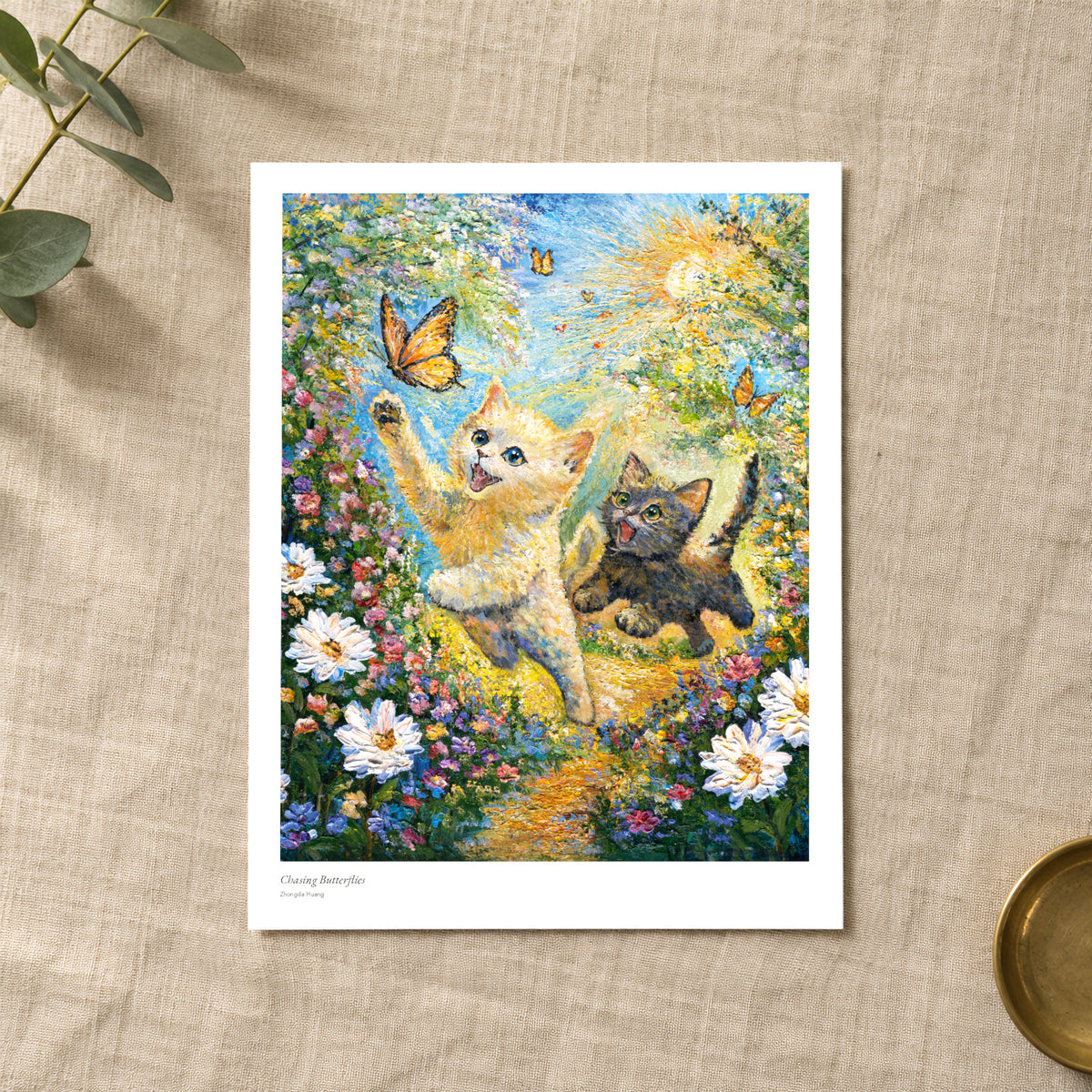Chasing Butterflies studio print with title and signature margin, lying on linen
