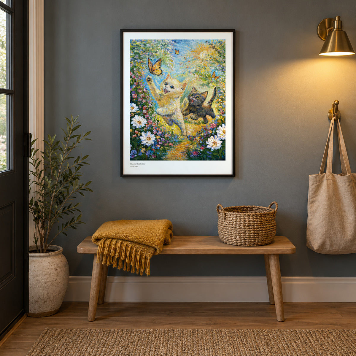 Chasing Butterflies studio print, 17 × 22 in, in a black frame in an entryway (frame not included)