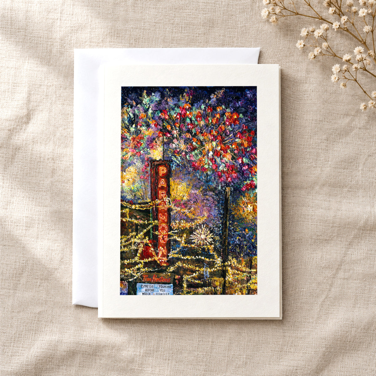 Downtown Kelowna, Fireworks art card: a folded 5×7 card with the artwork in a centred window, with a white envelope