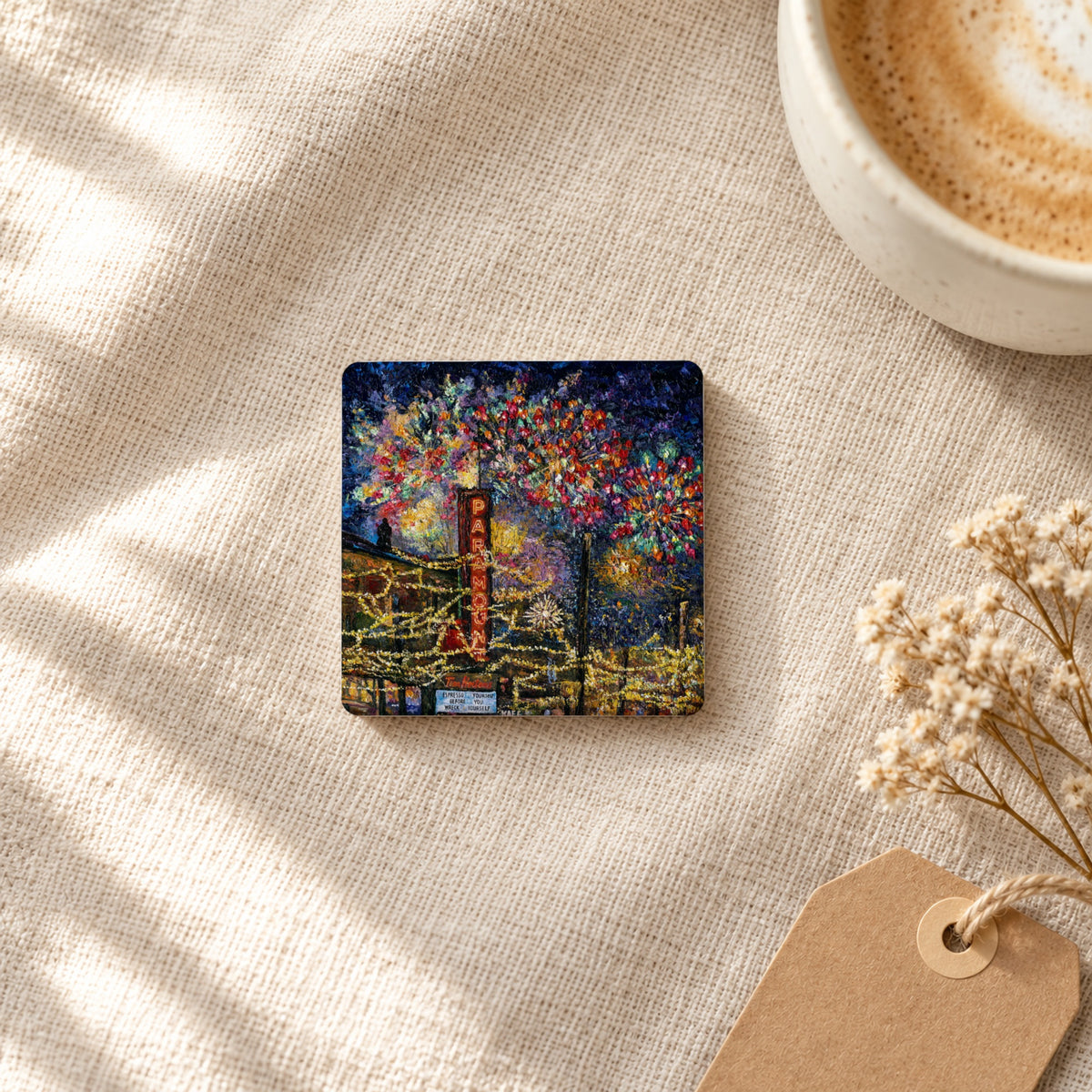 Downtown Kelowna, Fireworks art magnet on linen with coffee and dried flowers
