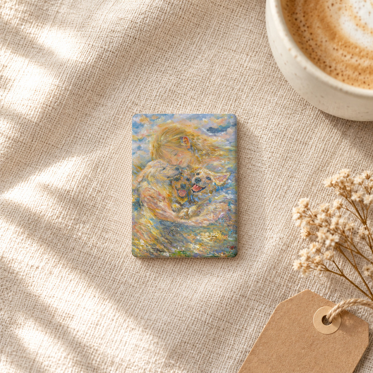 Held in Light art magnet on linen with coffee and dried flowers