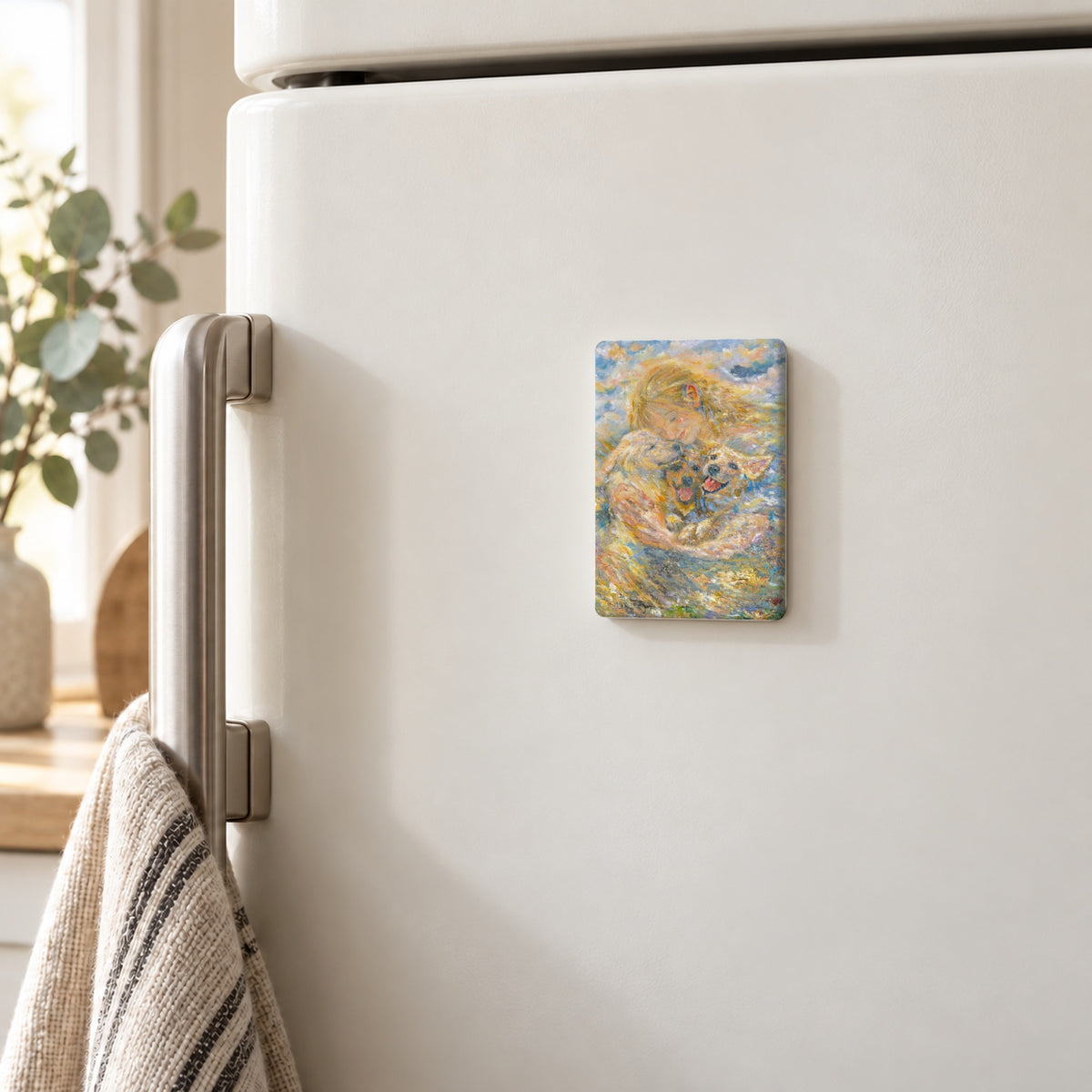 Held in Light art magnet on a white fridge door