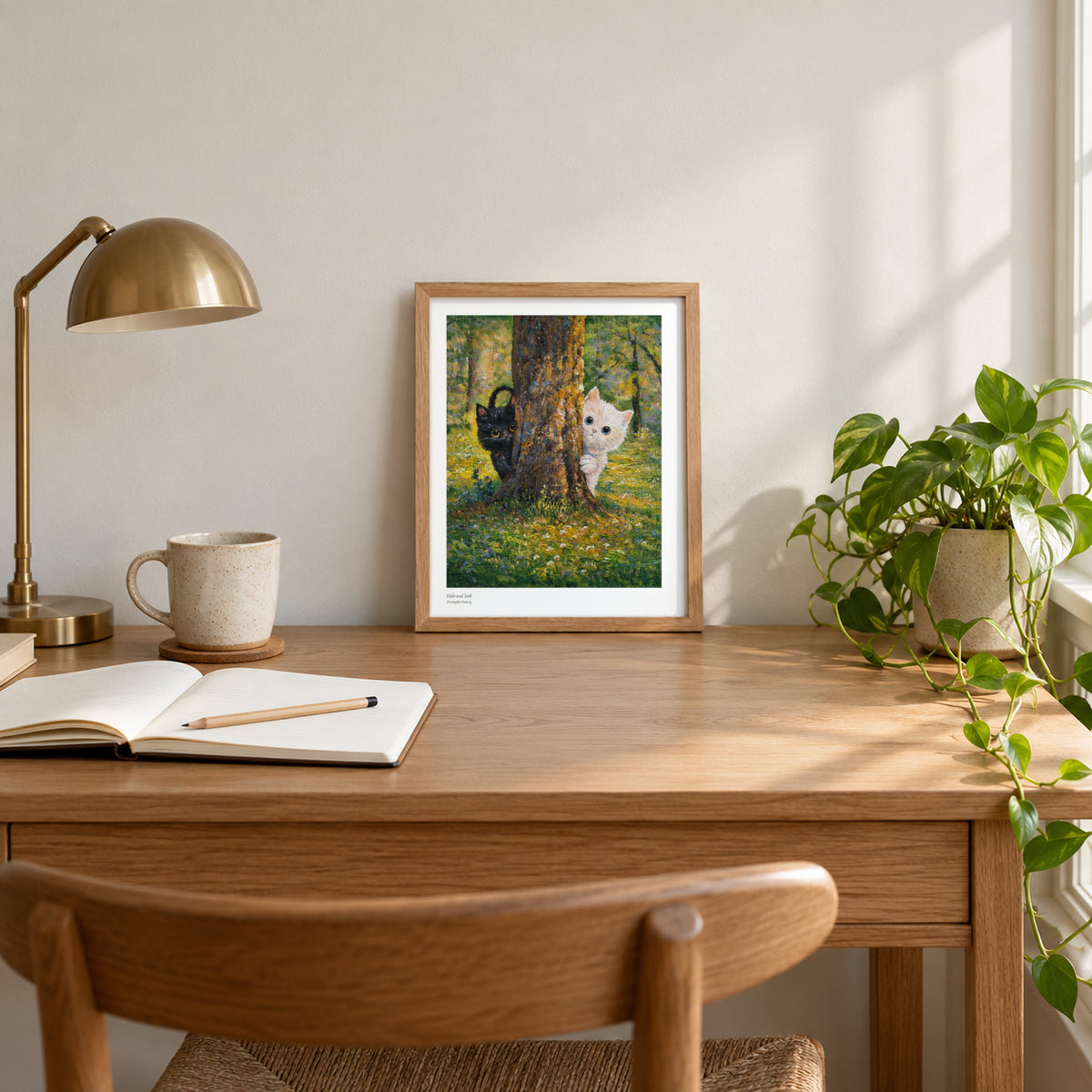 Hide and Seek studio print, 8.5 × 11 in, in a light oak frame on a desk (frame not included)