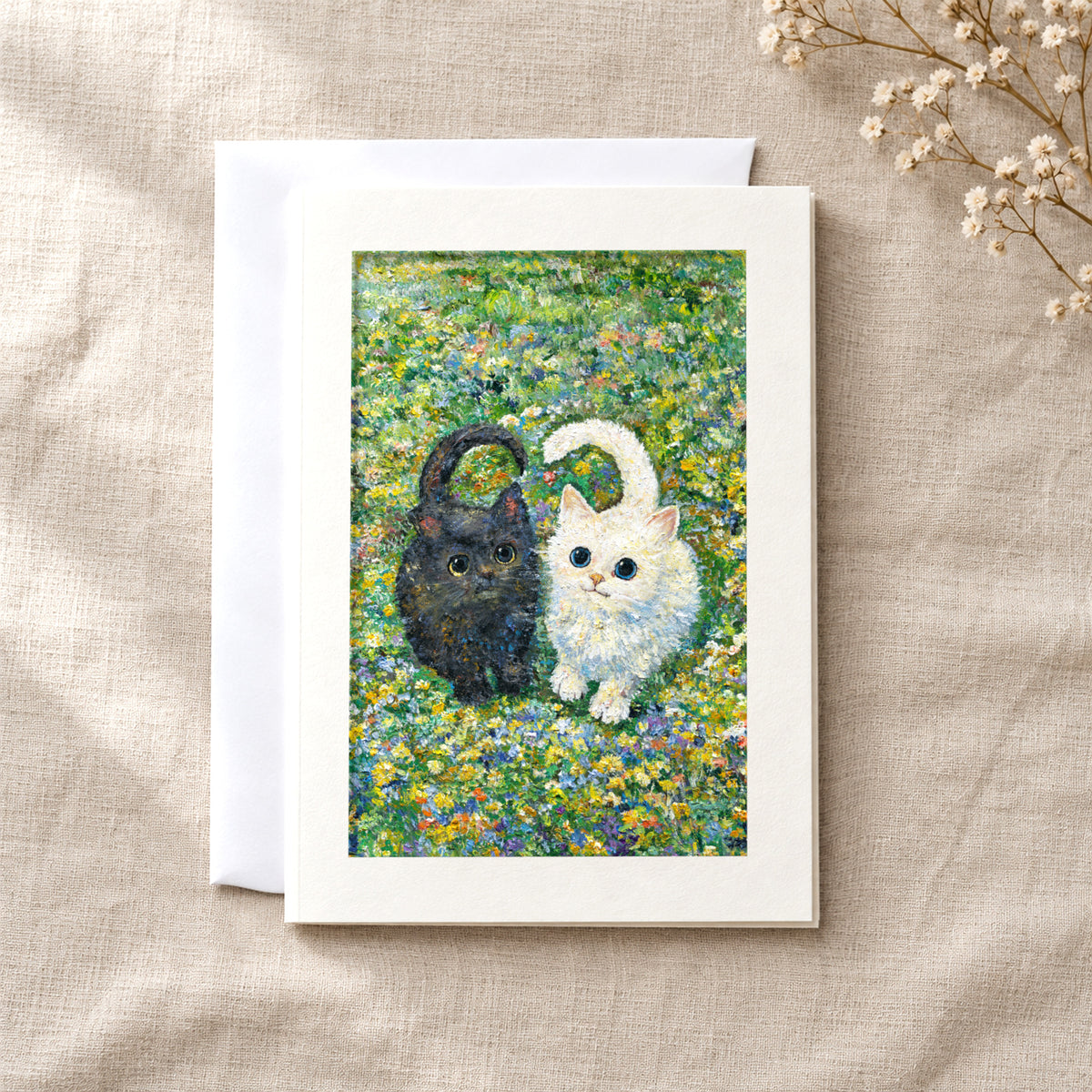 Little Hearts in the Meadow art card: a folded 5×7 card with the artwork in a centred window, with a white envelope