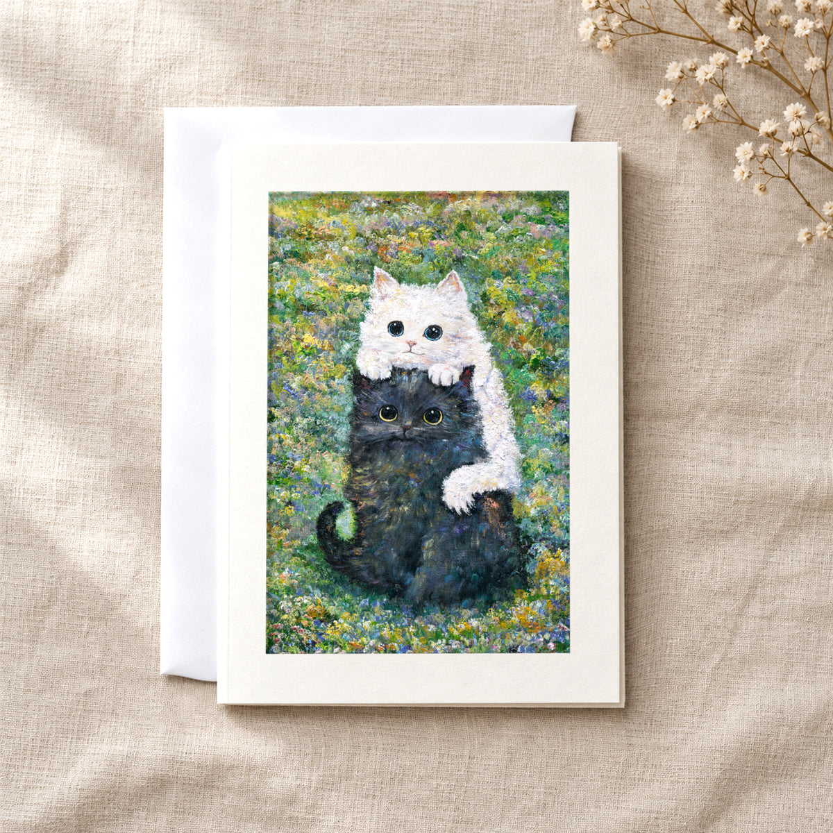 Little Hearts in the Meadow III art card: a folded 5×7 card with the artwork in a centred window, with a white envelope