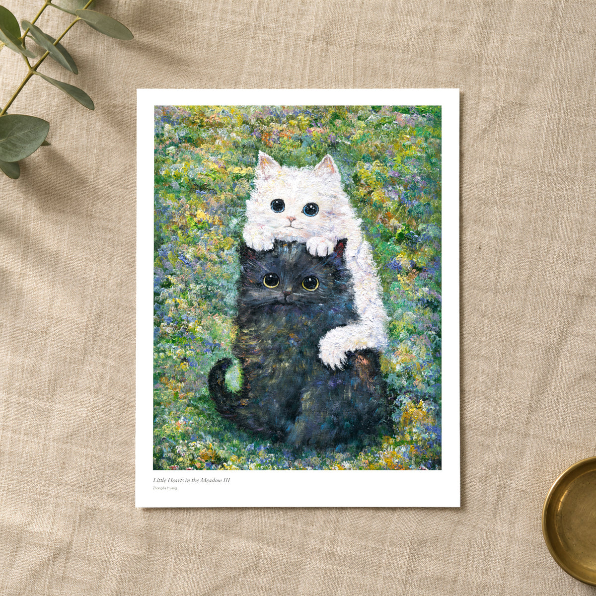 Little Hearts in the Meadow III studio print with title and signature margin, lying on linen