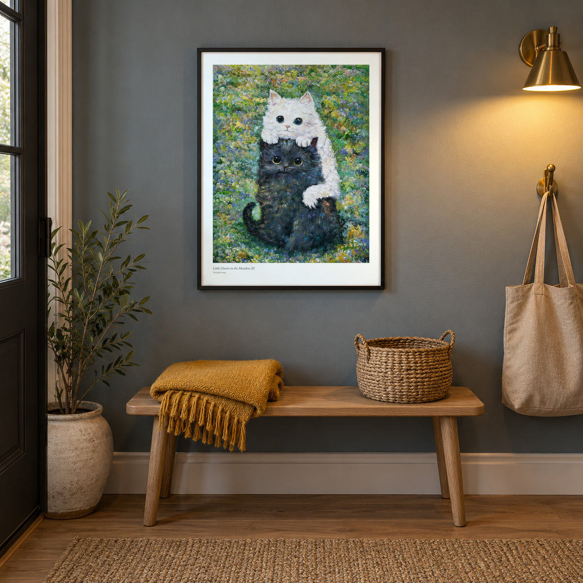 Little Hearts in the Meadow III studio print, 17 × 22 in, in a black frame in an entryway (frame not included)