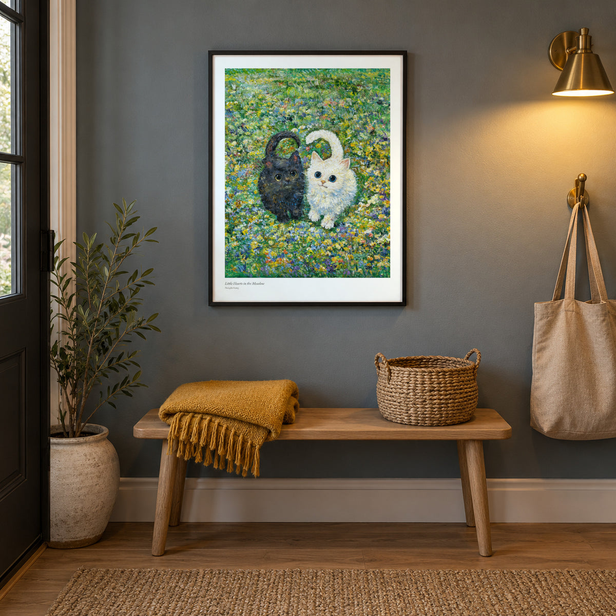 Little Hearts in the Meadow studio print, 17 × 22 in, in a black frame in an entryway (frame not included)