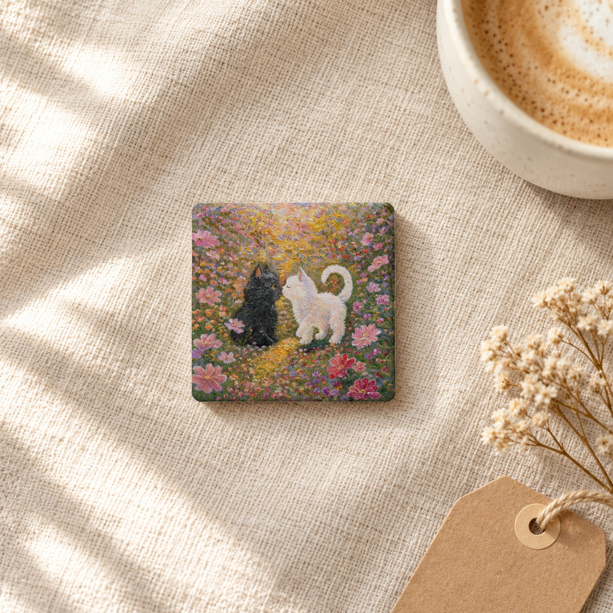 Little Nose Kiss art magnet on linen with coffee and dried flowers