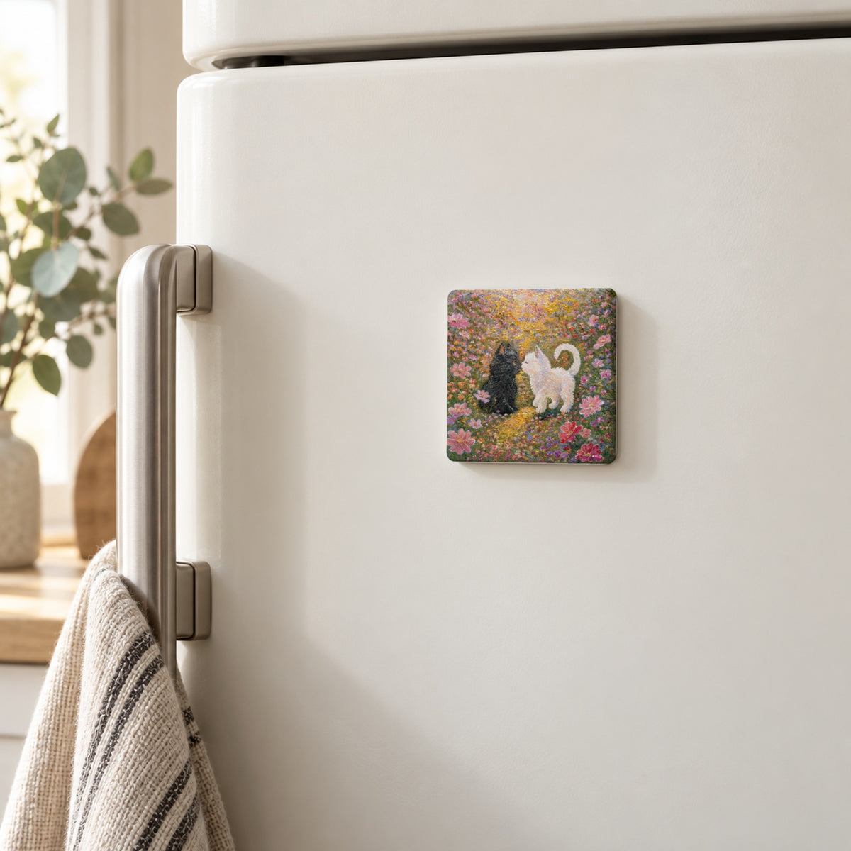Little Nose Kiss art magnet on a white fridge door