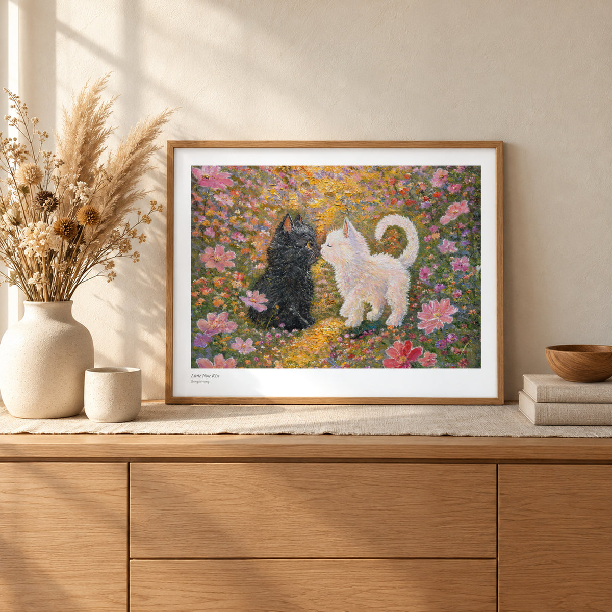 Little Nose Kiss studio print, 22 × 17 in, in a light oak frame on a sideboard (frame not included)