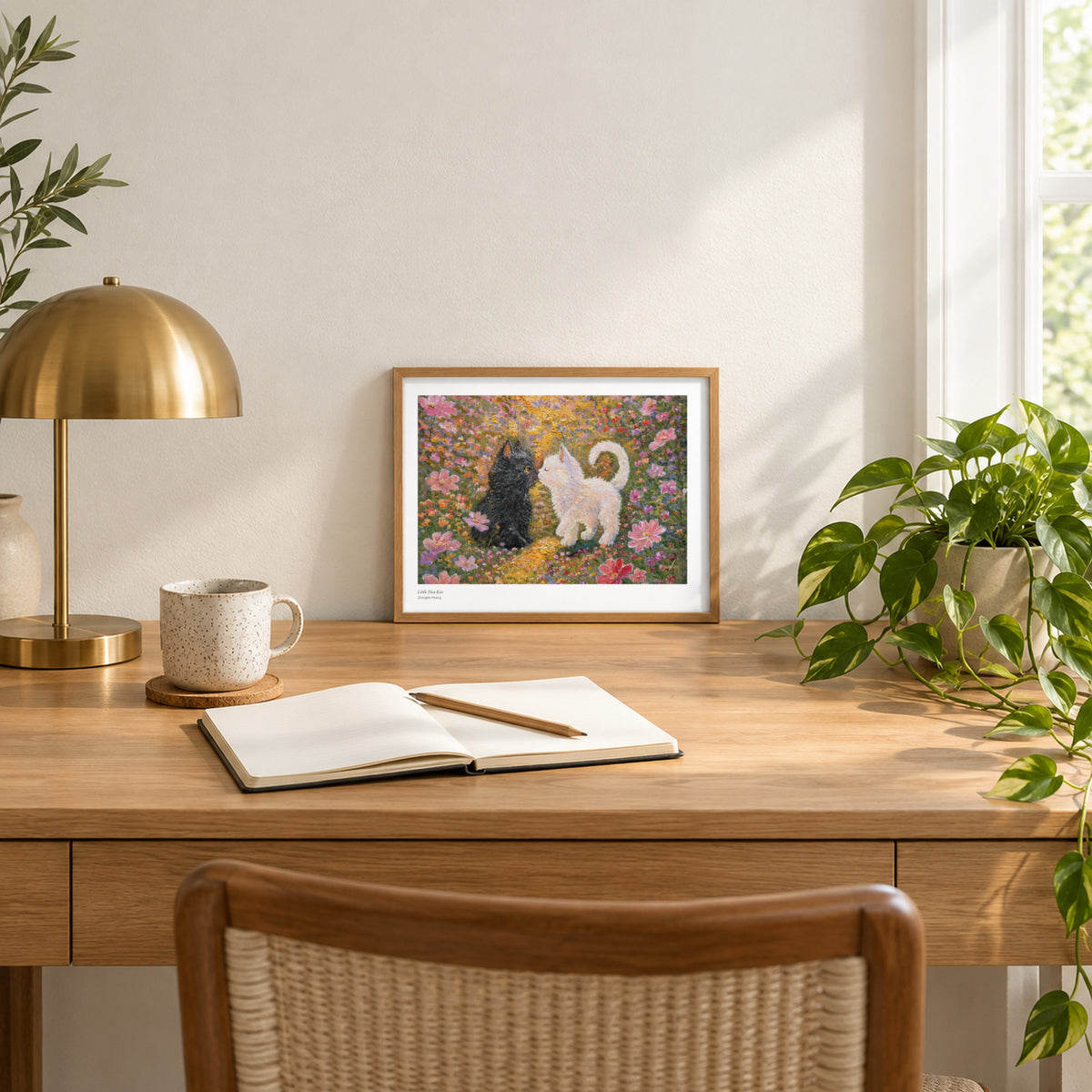 Little Nose Kiss studio print, 11 × 8.5 in, in a light oak frame on a desk (frame not included)
