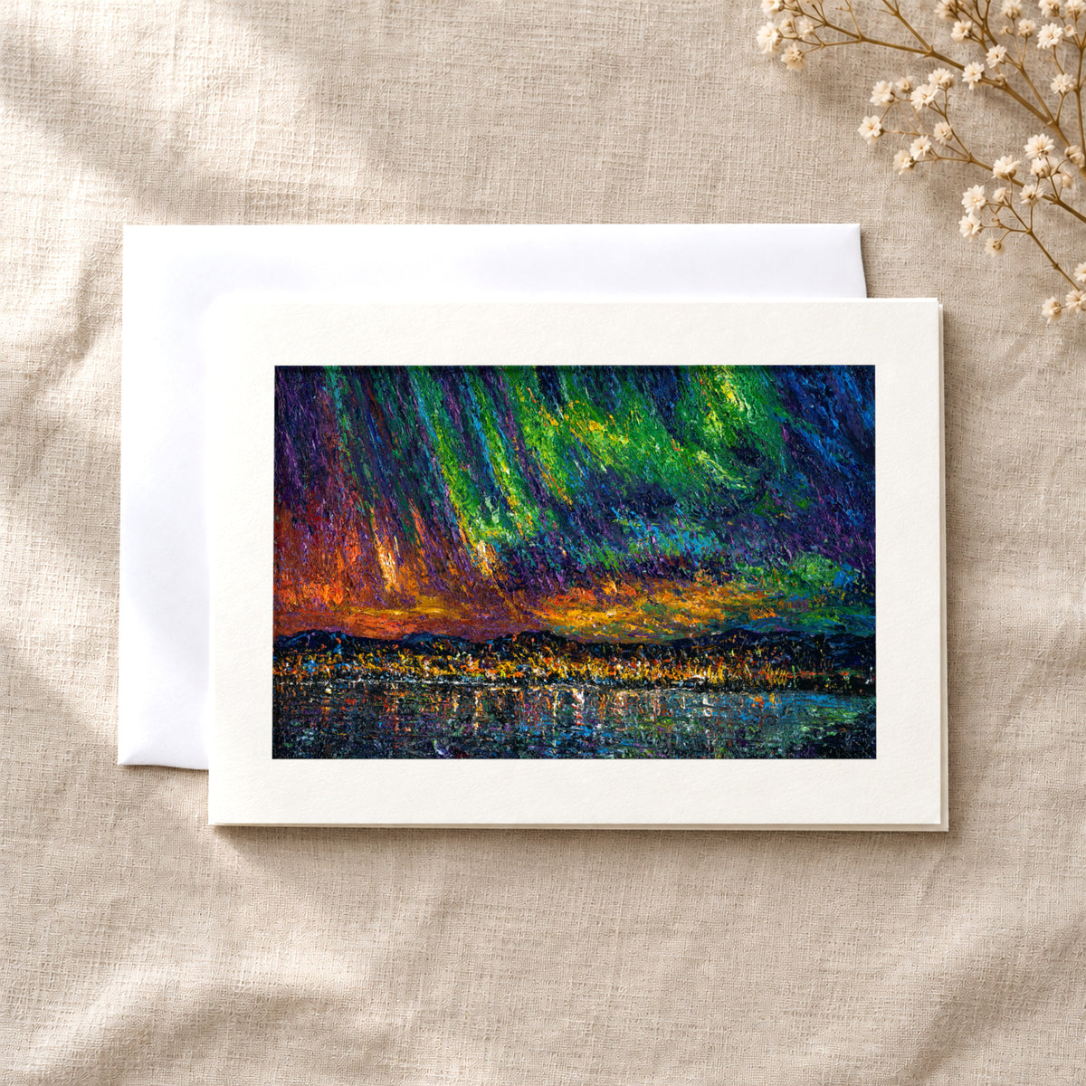 Okanagan Lake Beneath the Aurora art card: a folded 5×7 card with the artwork in a centred window, with a white envelope