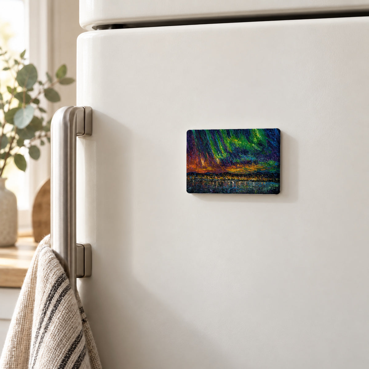 Okanagan Lake Beneath the Aurora art magnet on a white fridge door