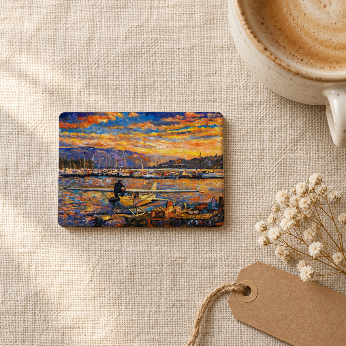 Okanagan Lake, Between Departures art magnet on linen with coffee and dried flowers
