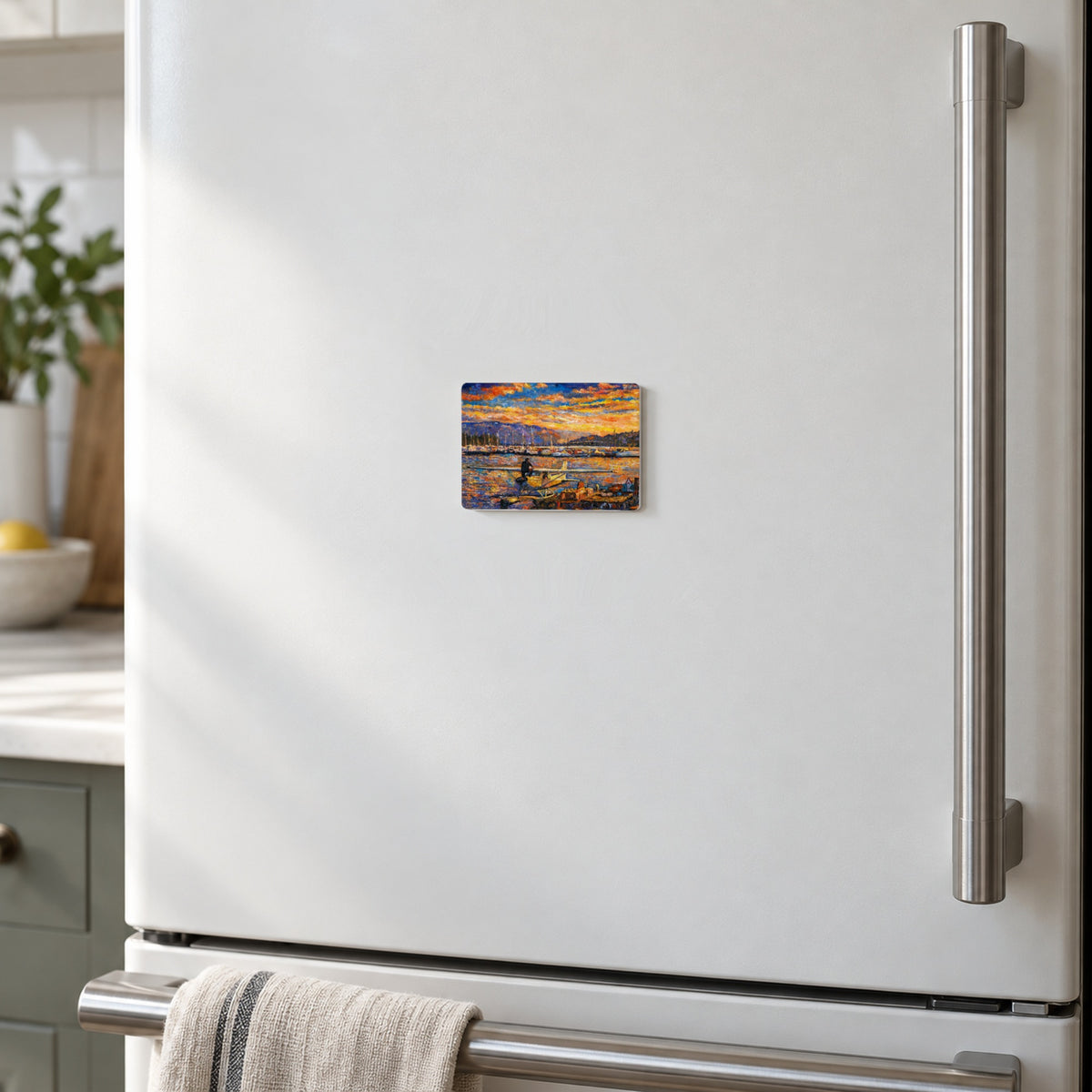 Okanagan Lake, Between Departures art magnet on a warm white fridge door
