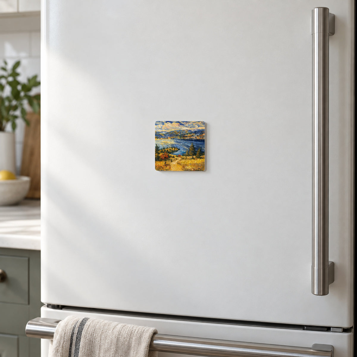 Okanagan Lake from the Heights art magnet on a warm white fridge door
