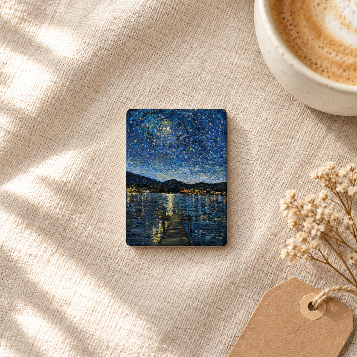 Okanagan Lake in Moonlight art magnet on linen with coffee and dried flowers