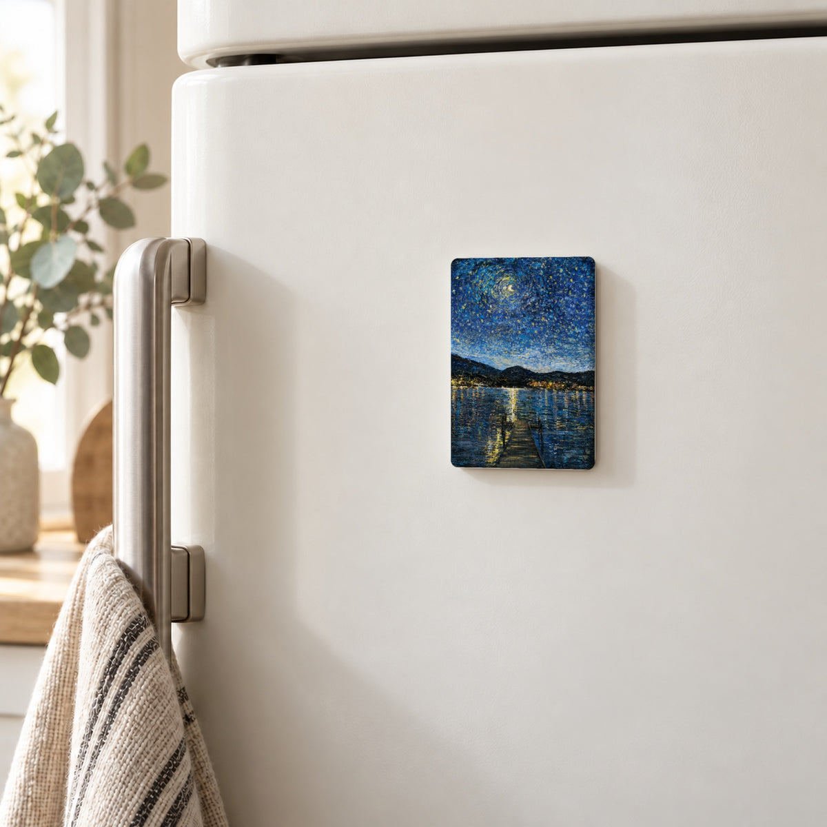 Okanagan Lake in Moonlight art magnet on a white fridge door
