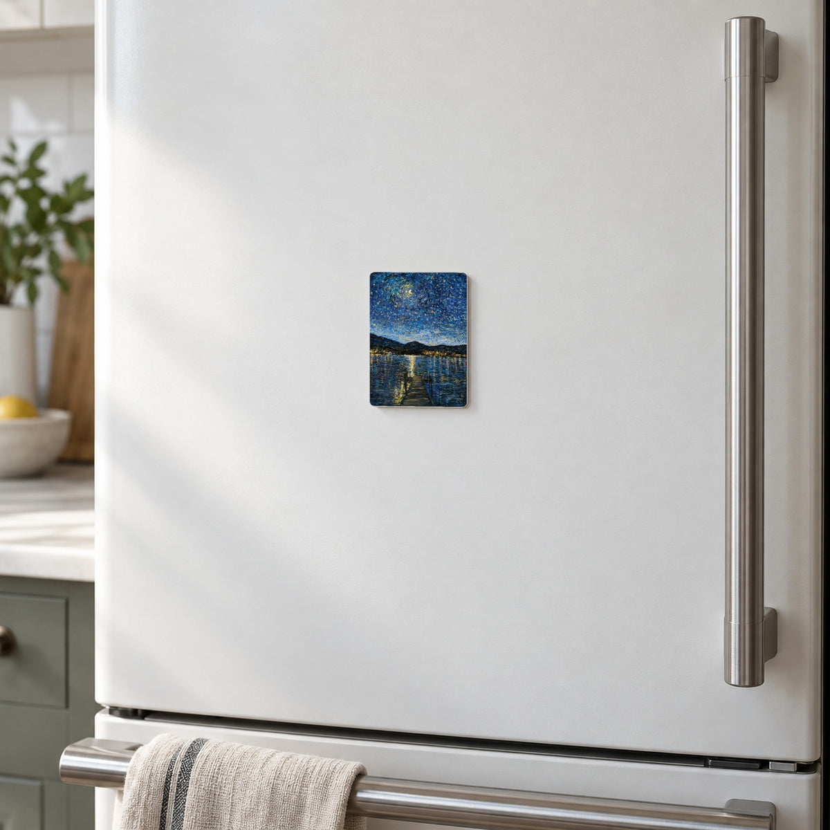 Okanagan Lake in Moonlight art magnet on a warm white fridge door