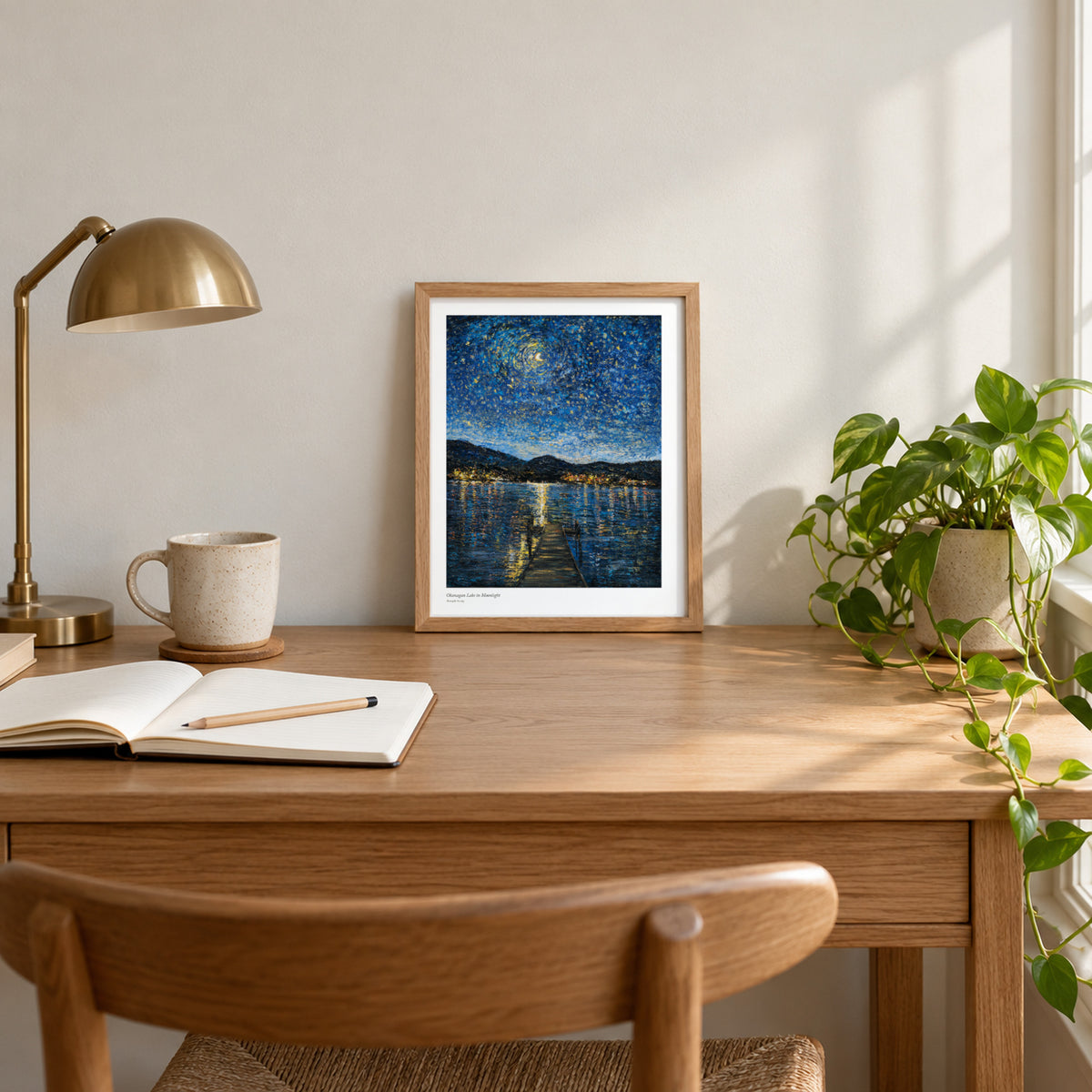 Okanagan Lake in Moonlight studio print, 8.5 × 11 in, in a light oak frame on a desk (frame not included)