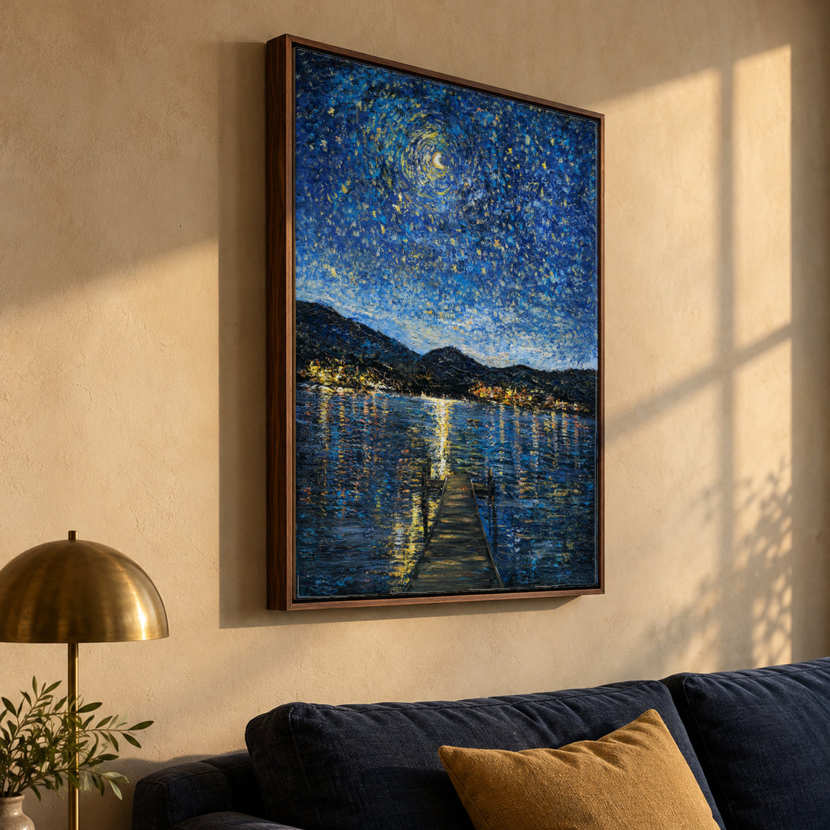 Okanagan Lake in Moonlight by Zhongda Huang on a sand-coloured wall in afternoon light