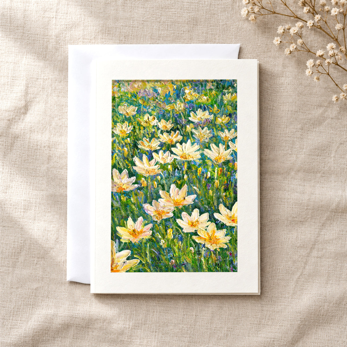 Rain Lilies art card: a folded 5×7 card with the artwork in a centred window, with a white envelope