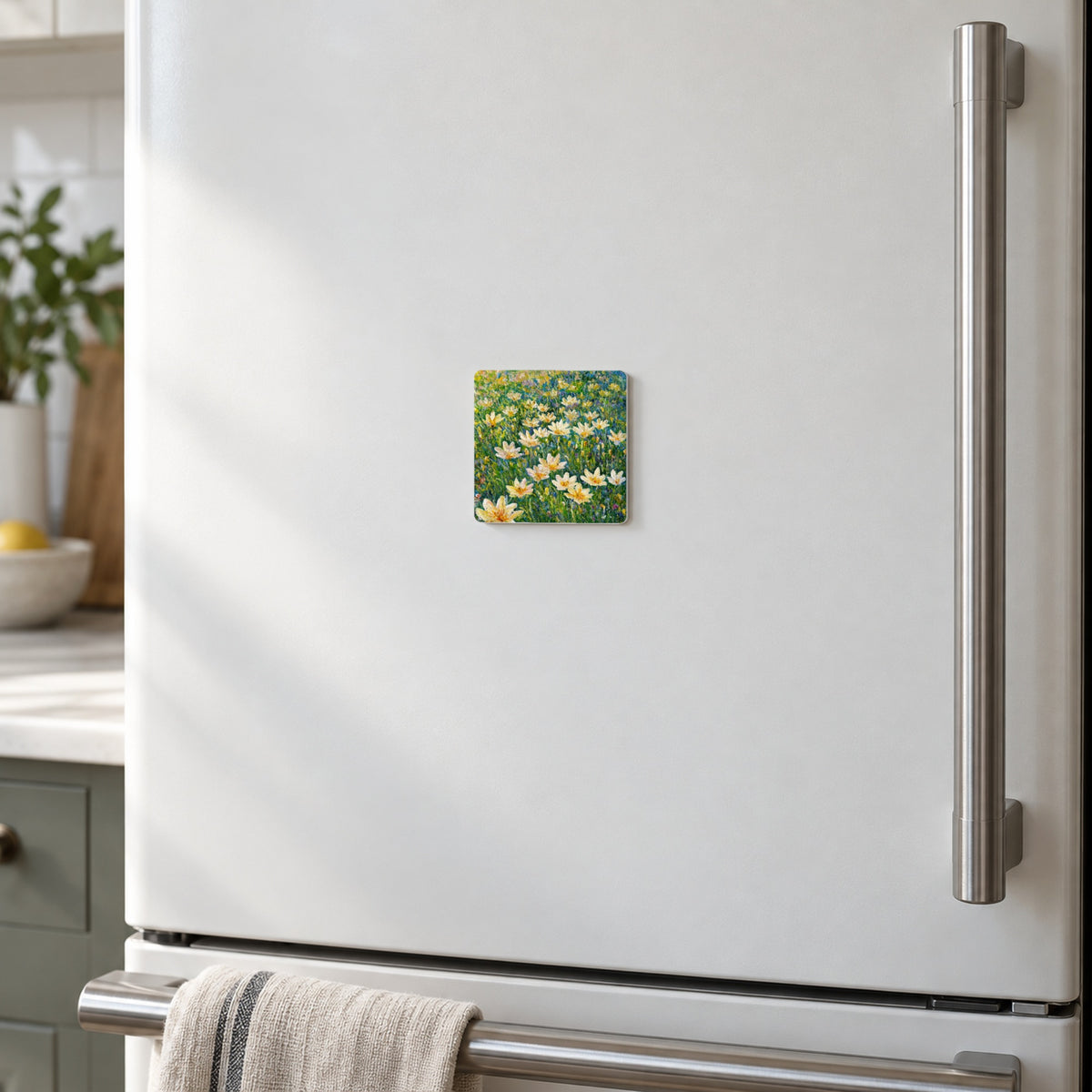 Rain Lilies art magnet on a warm white fridge door