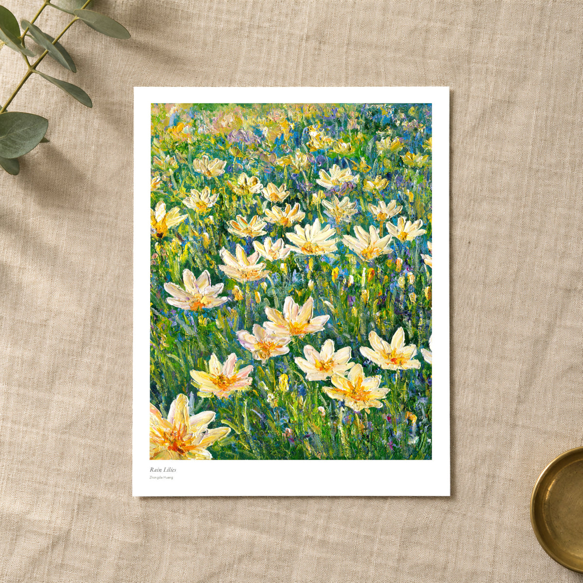 Rain Lilies studio print with title and signature margin, lying on linen