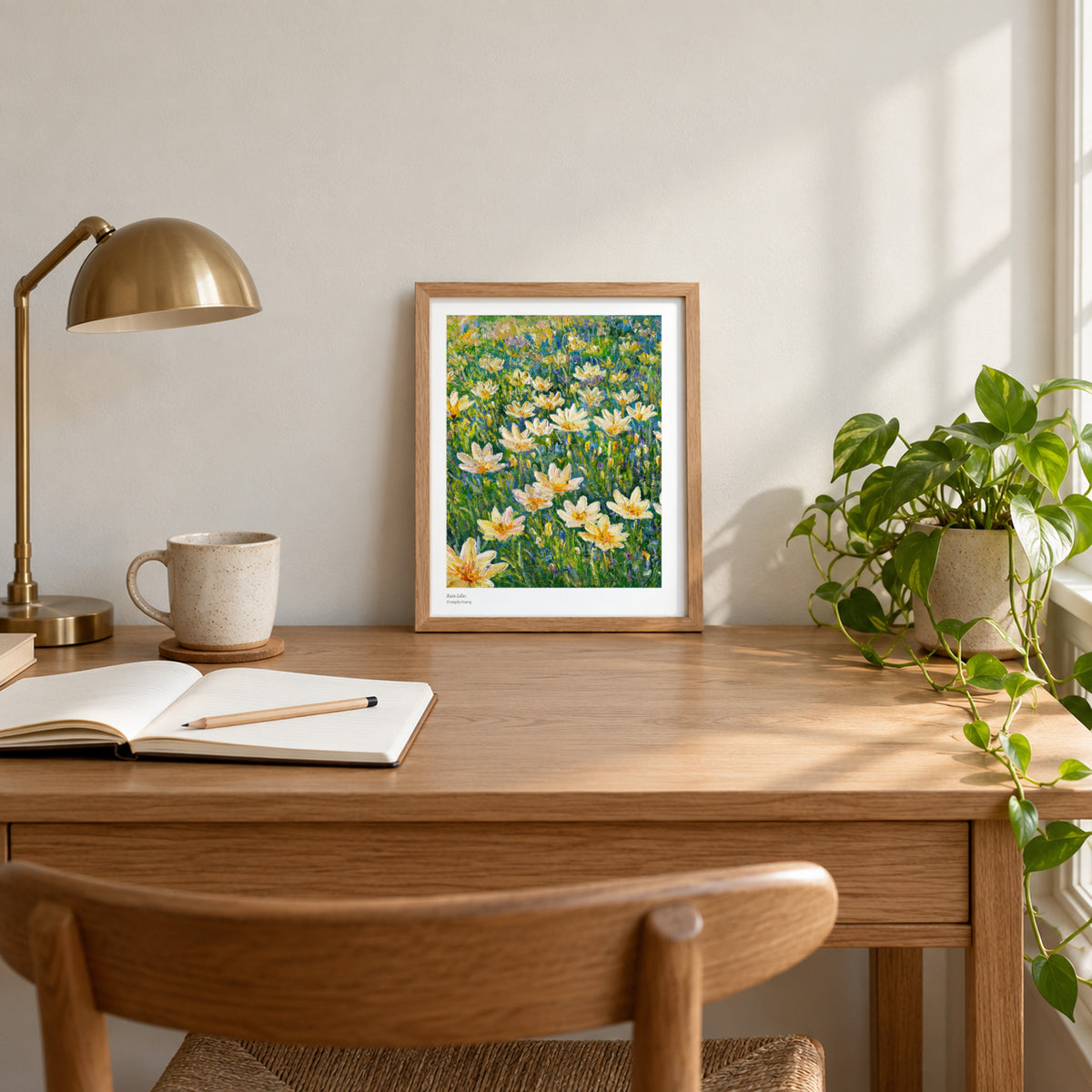 Rain Lilies studio print, 8.5 × 11 in, in a light oak frame on a desk (frame not included)