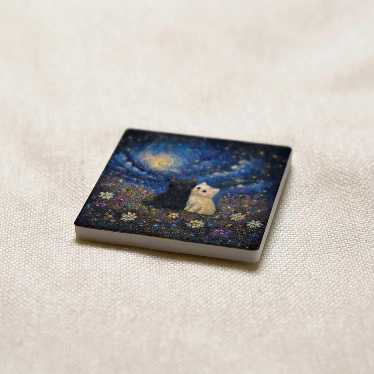 Starry Night art magnet at an angle, showing the stone edge