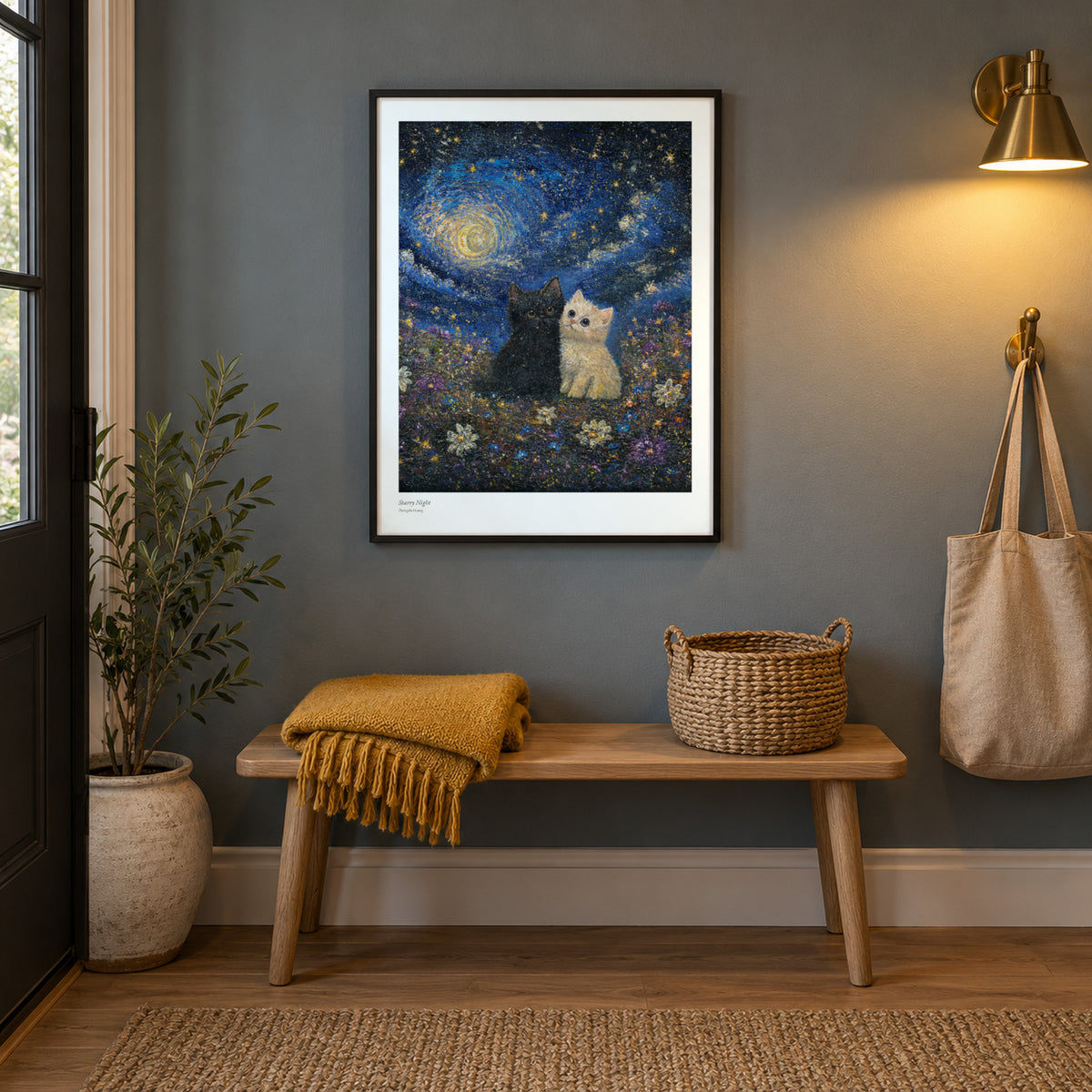 Starry Night studio print, 17 × 22 in, in a black frame in an entryway (frame not included)