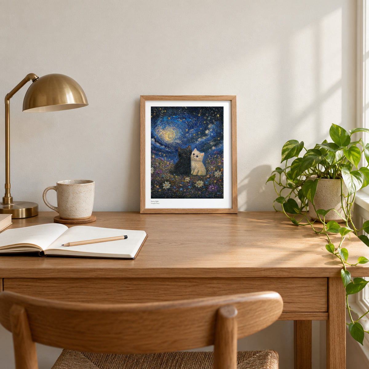 Starry Night studio print, 8.5 × 11 in, in a light oak frame on a desk (frame not included)