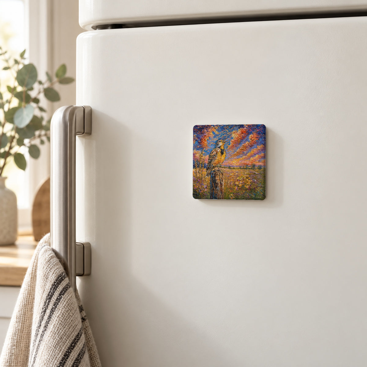 Western Meadowlark art magnet on a white fridge door