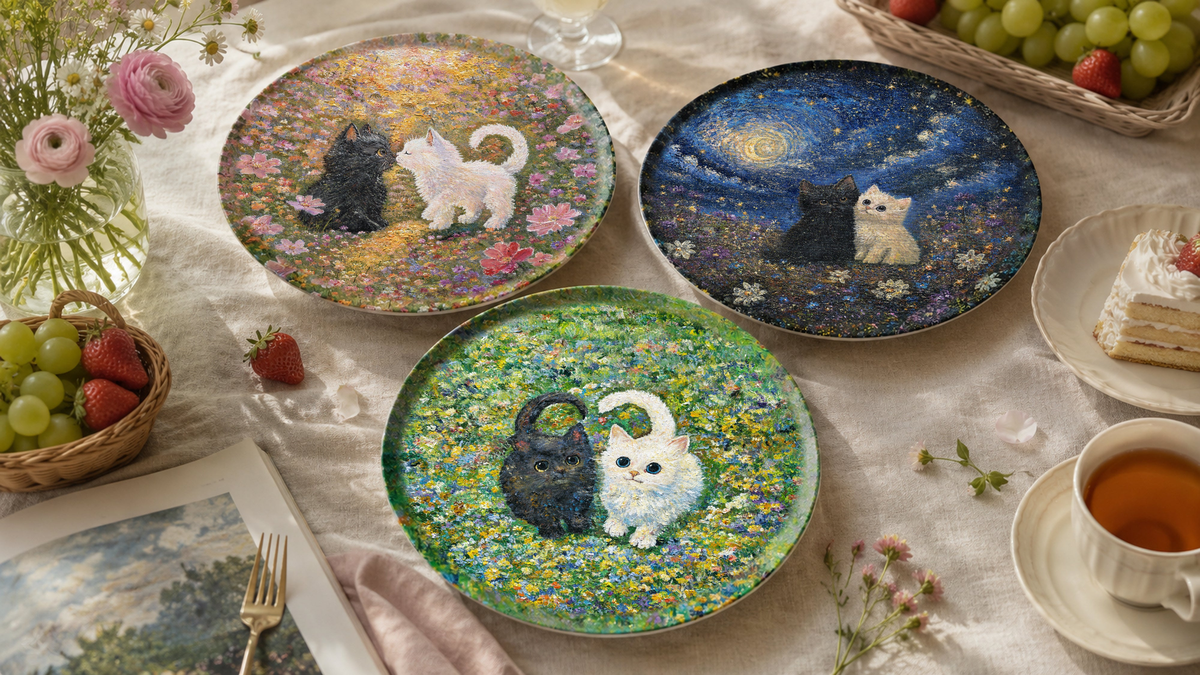 Palette and Plate collection, artist-designed plates on a linen table
