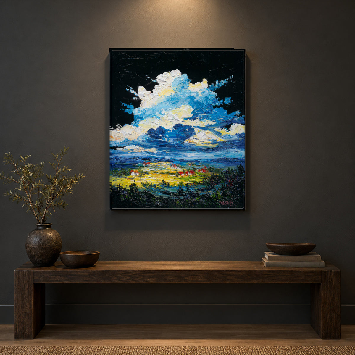 The Black Cloud by Yingzhi Chen hanging on a charcoal grey matte wall above a minimal dark oak bench
