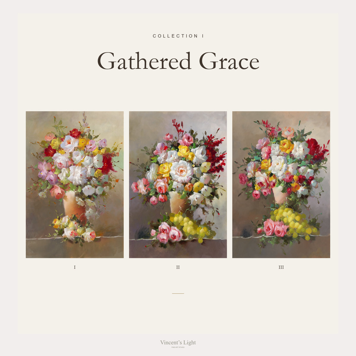 Gathered Grace Collection I — complete paintings I, II and III shown at equal size