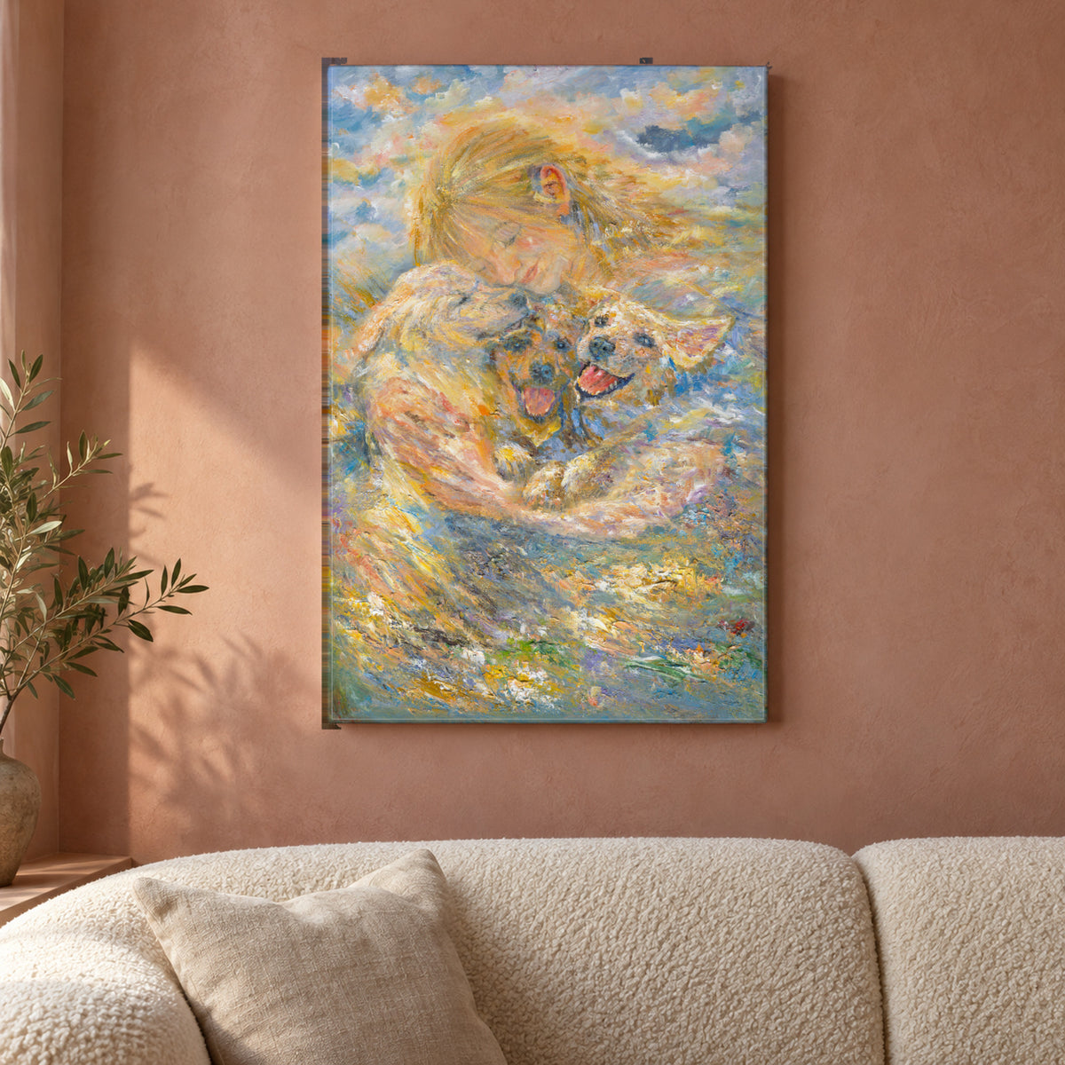 Held in Light by Zhongda Huang hanging on a dusty rose plaster wall above a cream bouclé sofa back with a linen cushion