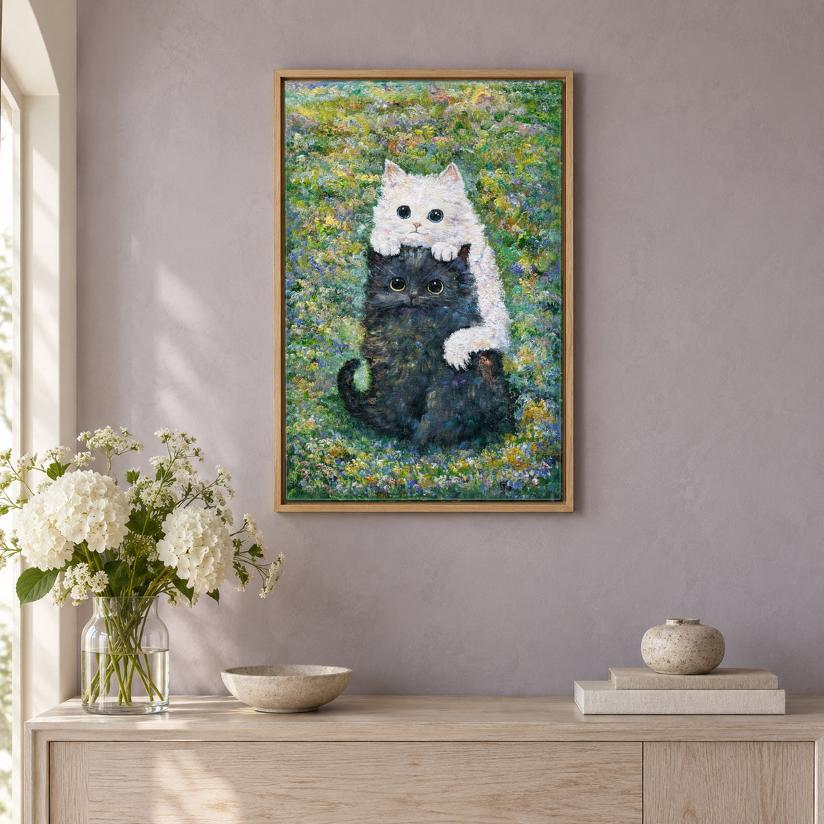 Little Hearts in the Meadow III by Zhongda Huang hanging on a soft lavender-grey plaster wall above a whitewashed oak console with a glass vase of white flowers