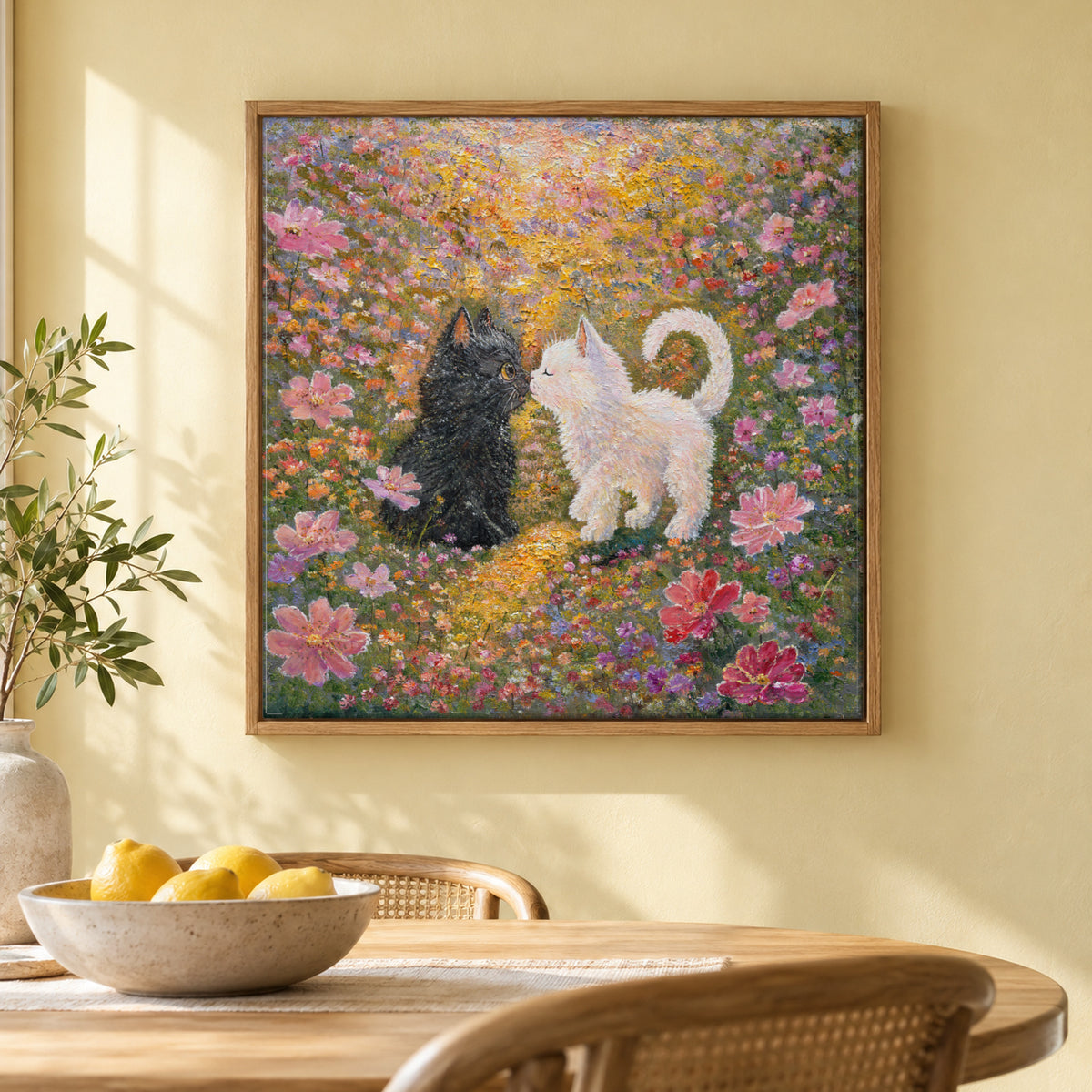 Little Nose Kiss by Zhongda Huang hanging on a pale butter-yellow plaster wall above a light wood dining table edge with a bowl of lemons