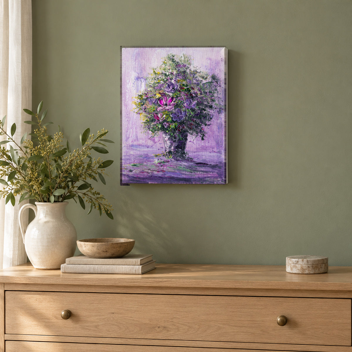 Purple Bouquet by Yingzhi Chen hanging on a sage green painted wall above a pale oak dresser with a white ceramic jug of fresh greenery