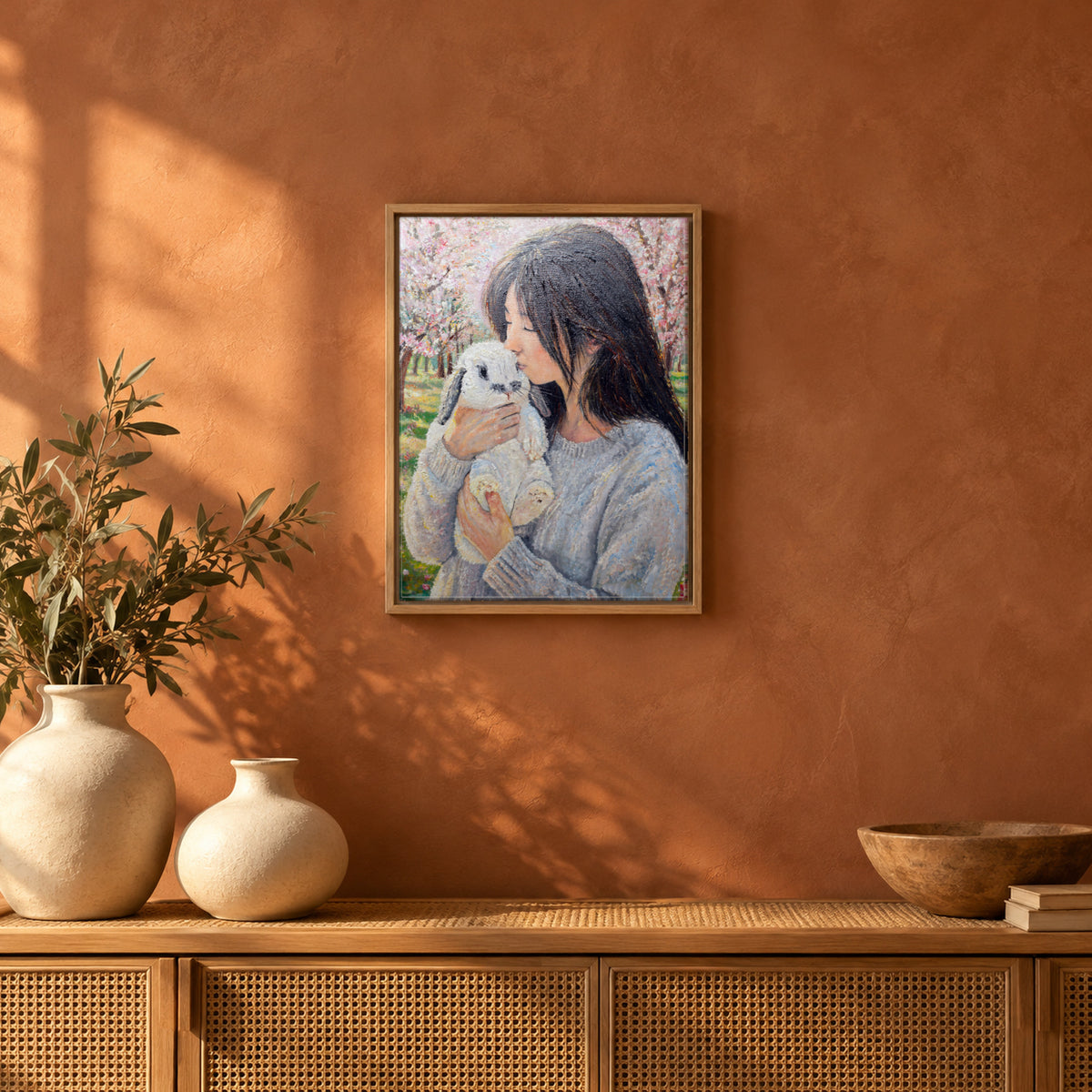 Robin Hood by Zhongda Huang hanging on a terracotta clay limewash wall above a low rattan console with two cream ceramic vases