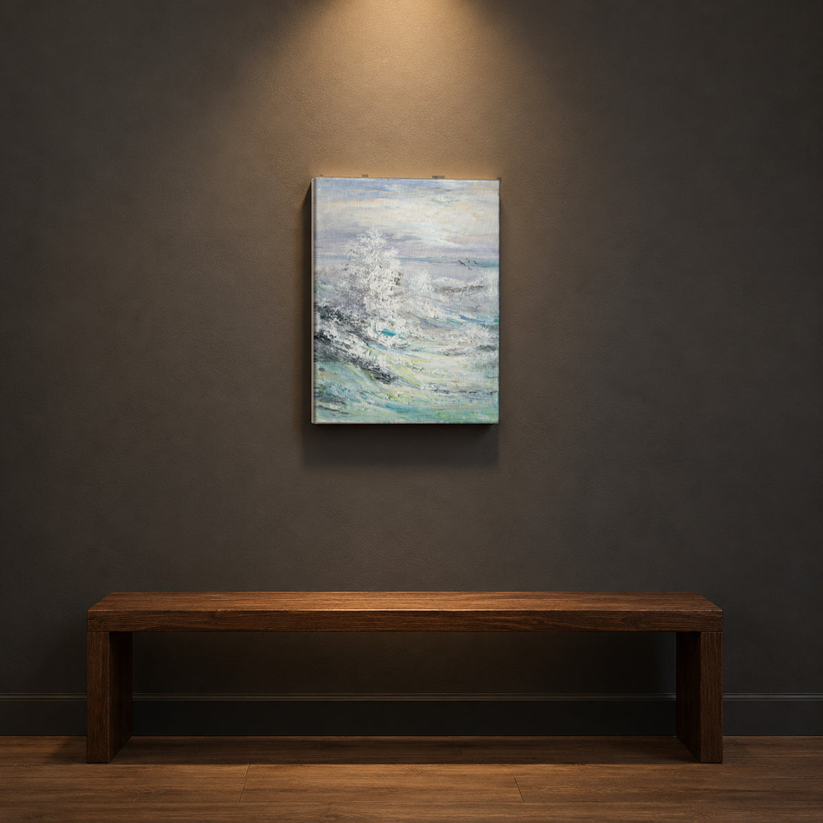 Soft Break by Yingzhi Chen hanging on a charcoal grey matte wall above a minimal dark oak bench