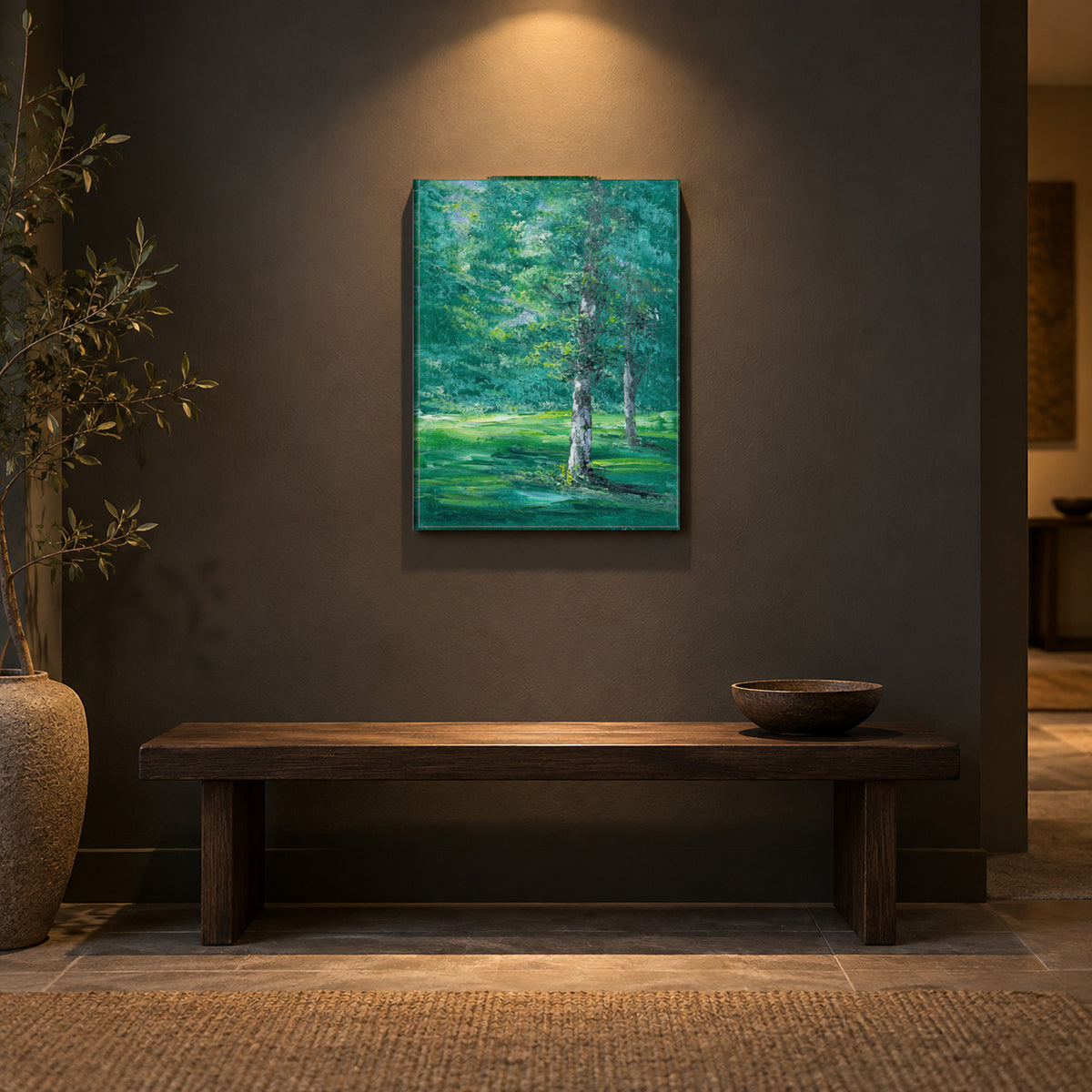 Summer Green by Yingzhi Chen hanging on a charcoal grey matte wall above a minimal dark oak bench