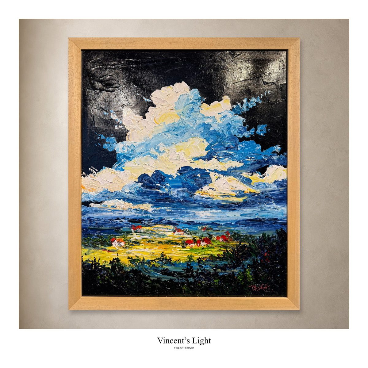 The Black Cloud by Yingzhi Chen, original acrylic painting in a natural wood frame, presented against a styled gallery wall.
