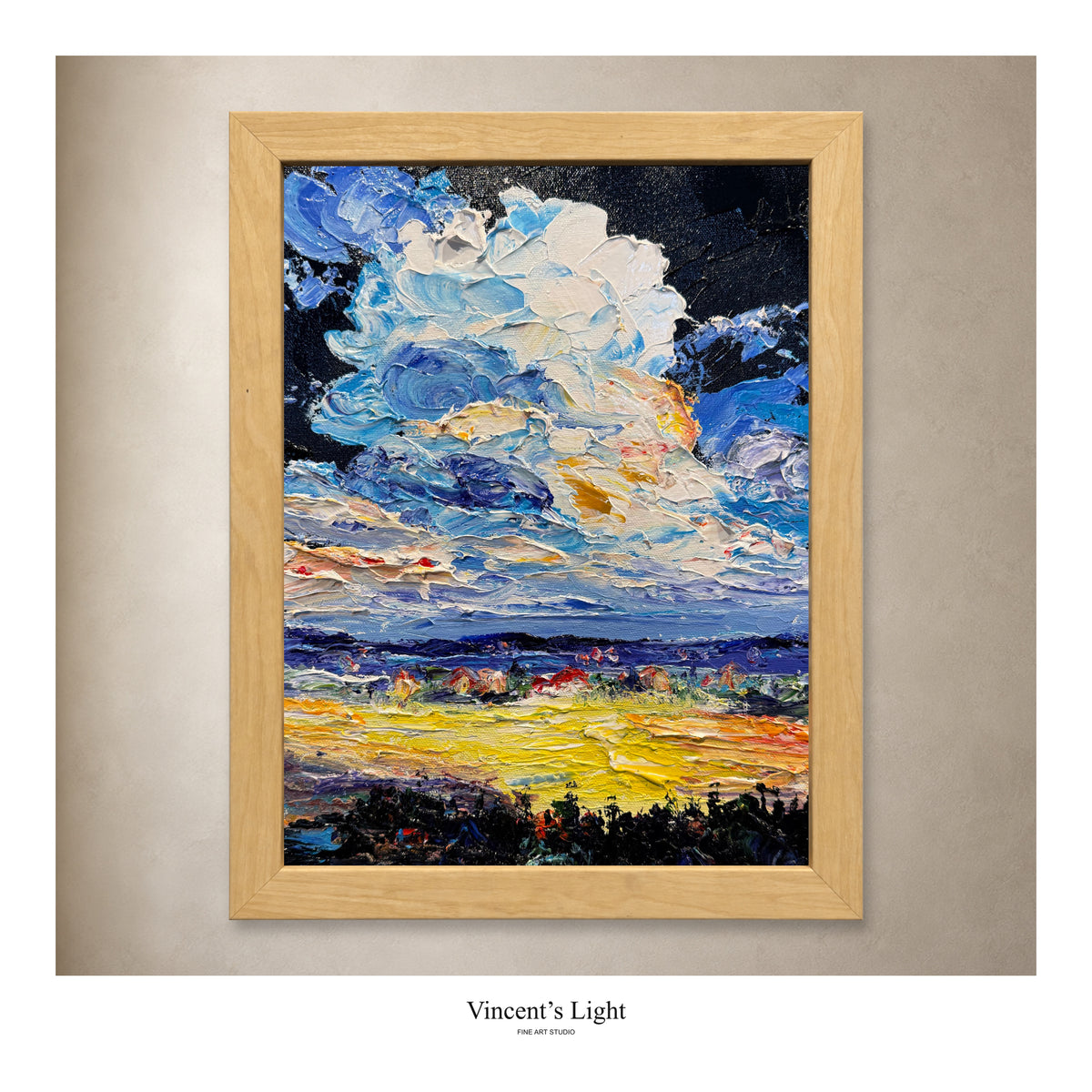 The Black Cloud I by Yingzhi Chen, original acrylic painting in a natural wood frame, presented against a styled gallery wall. Photograph edges cropped to remove protective corners.